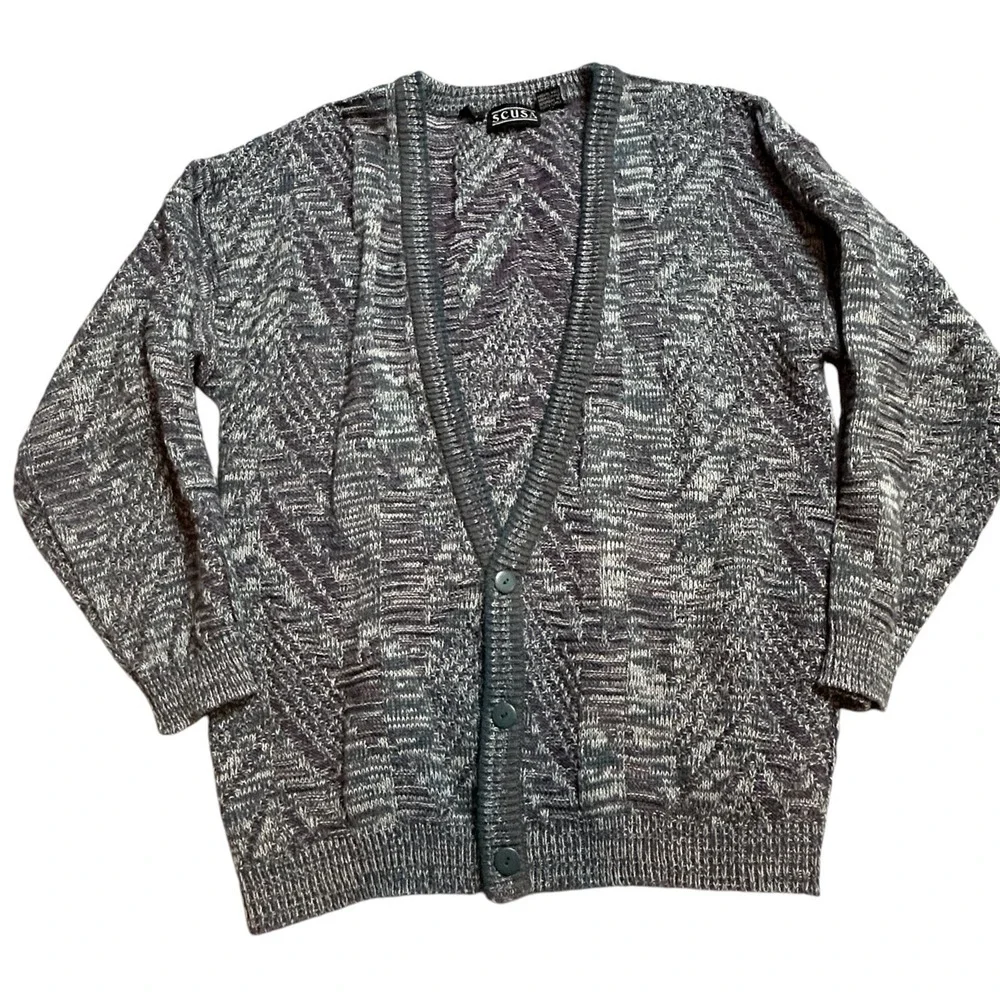 Vtg Cardigan Sweater Mens Sz L Dad Grandpa Kurt Cobain Grunge Wool Blend Gray‎